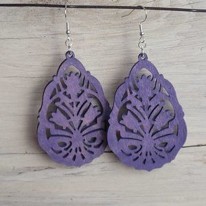 Wood Earrings - Purple Ornate Teardrop